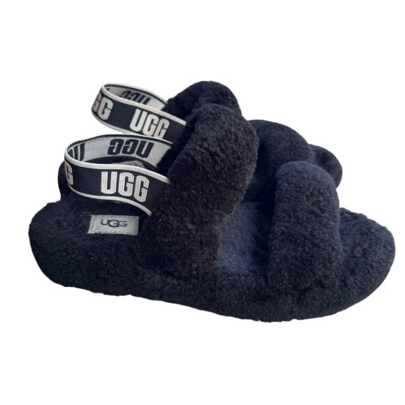 Ugg Women's Fluff Yeah Slide Sandals Size 8 Black Sheepskin & Logo Elastic Strap - Picture 1 of 9